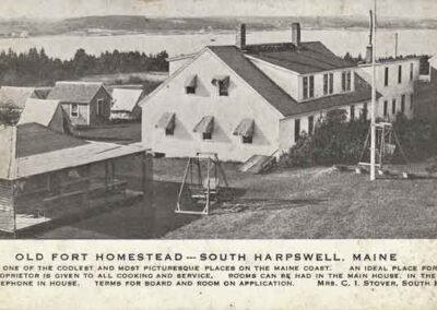 Old Fort Homestead was owned by the Stover Family. This was originally an Indian fort. The house was passed down through generations of Stovers always with lots of children and each time excess guests showed up they would add another room eventually totaling 18 rambling from the main farm house plus the annex and at one point provided tenting platforms for the outdoors type. They were noted for various types exciting entertainment all summer long. Even when it was raining or foggy, they all had a good time. The Stovers set up for formal rentals in 1906. They advertised summer rentals in 1909 , the original farm house burned in1921 and the original old fort burned in 1926.