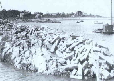 The Cribstone Bridge, which spans Will's Gut between Orr's and Bailey Island, was open to traffic in September 1928. The 12 foot slabs pictured here are from Pownal and Yarmouth, Me. Gravity is the mortar.