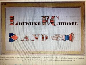 Figure 2. Detail of cryptogram from Lorenzo F. Conner Token of Affection, Henniker, NH, 1850-1855. Ink and watercolor on woven paper, 3” x 4 1/8”. Photo courtesy of Don Olson American Antiques and Folk Art.