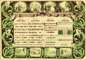 Figure 6. Abel Tracy and Rachel Orr Family Record, Durham, ME, 1850. Ink and watercolor on woven paper, 10” x 14”. Photo courtesy of the Huntington Art Museum, San Marino, CA, Gift of Jonathan and Karin Fielding.